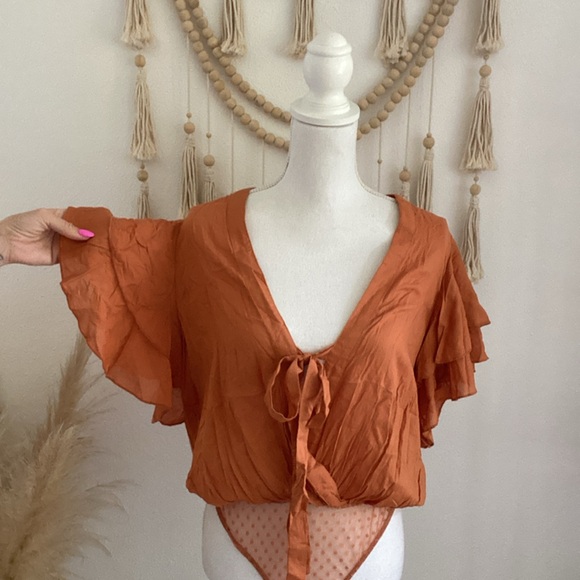 Free People Call Me Later bodysuit ruffle sleeves deep v copper flouncy medium - Picture 3 of 16
